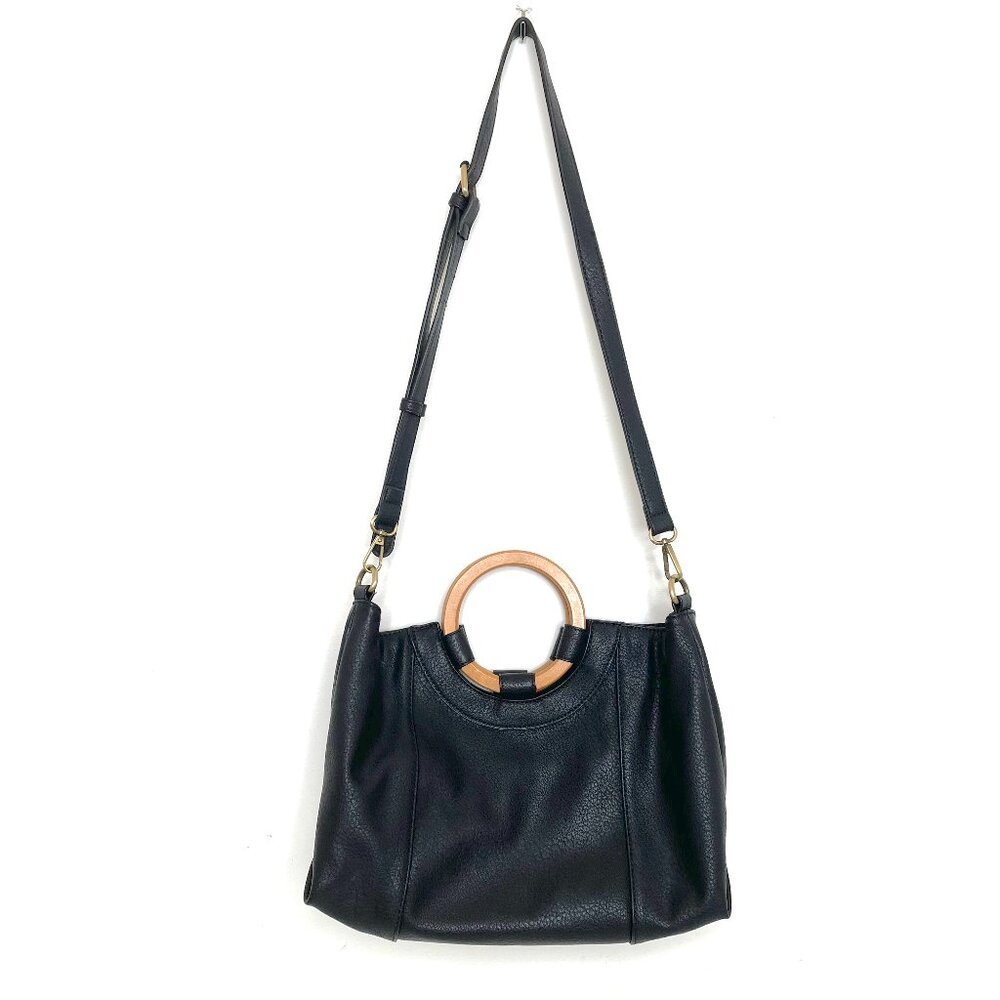 Anthropologie Amalia Wood Handle Tote Bag Women Black Vegan Leather